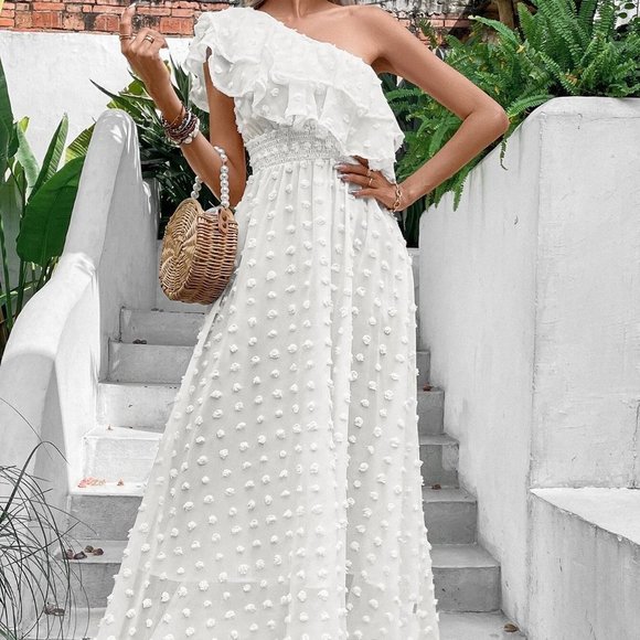 White Boho Womens Swiss Dot One Shoulder Ruffle Trim Dress - Picture 4 of 5